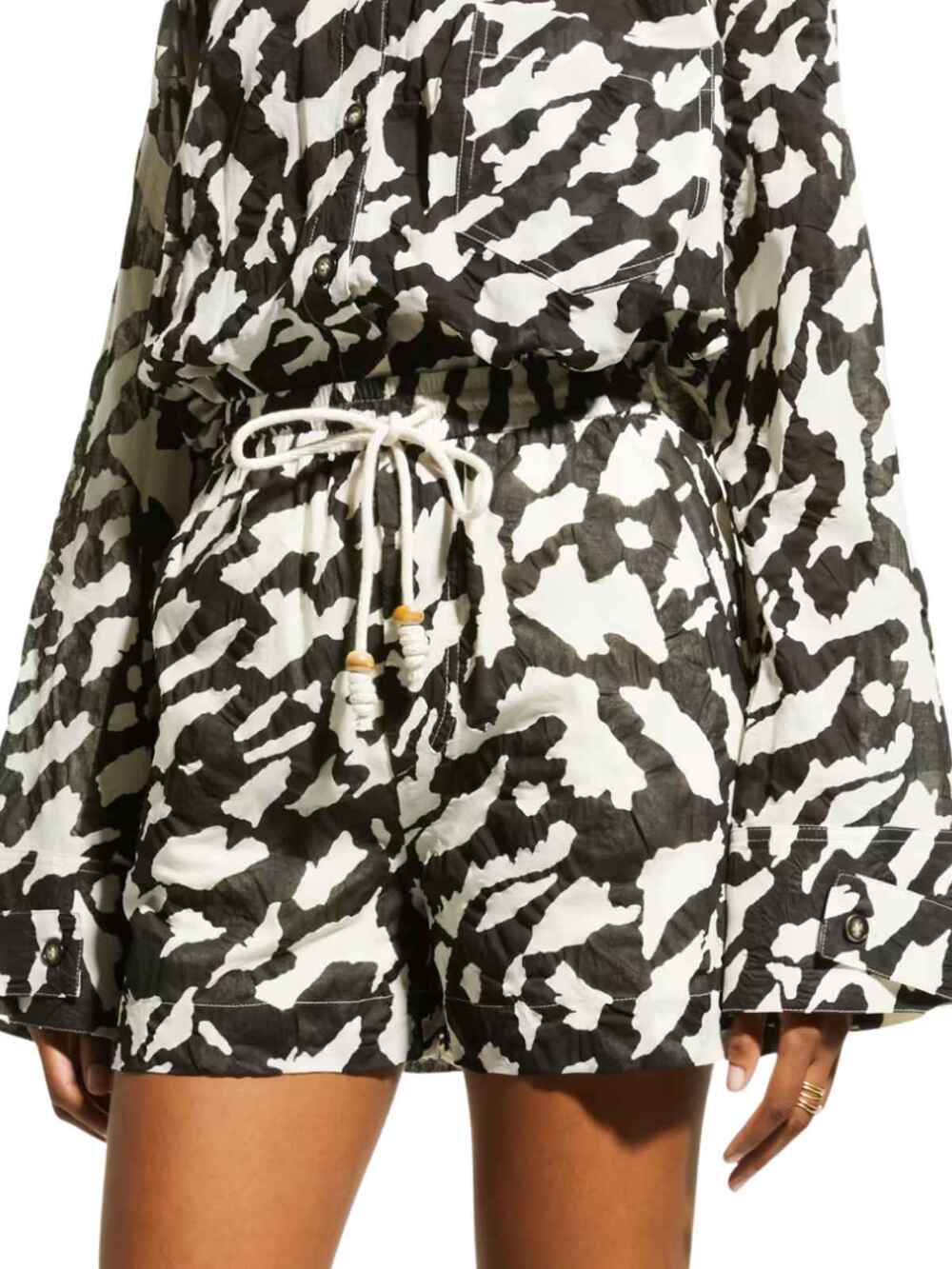 Nanushka Leora Printed Cotton Drawstring Shorts Black Cream Women's Size XS